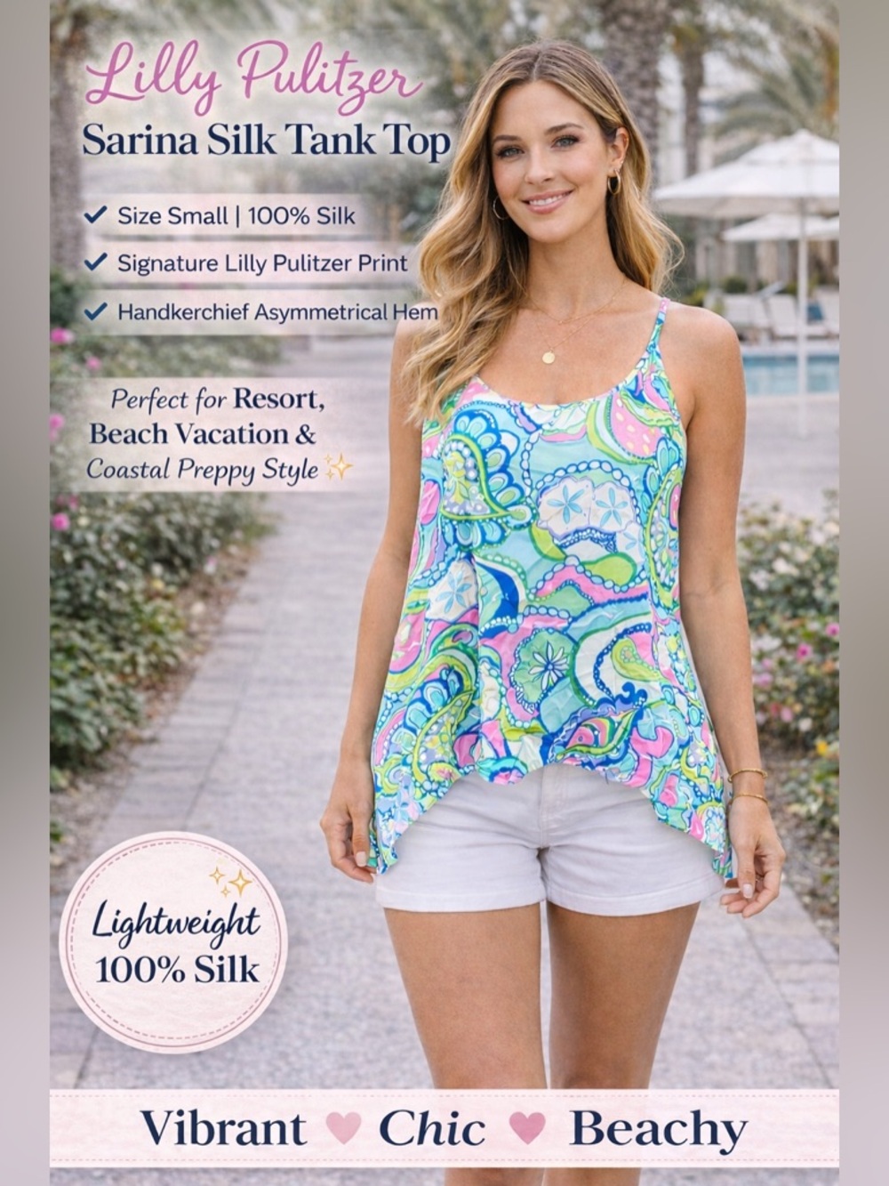 Lilly Pulitzer Sarina 100% Silk Tank Top | Handkerchief Hem | Women’s Small